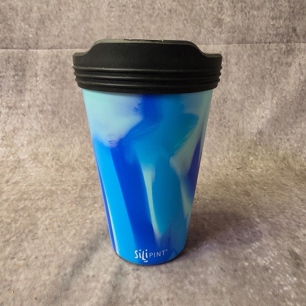 Silipint Silicon Drinking Glass Cup 16oz Blue WhiteTie-Dye With Black Lid